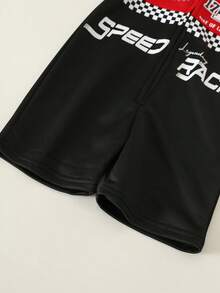 SHEIN 小男孩休閒運動拼接撞色立領短袖賽車服 機車服 F1賽車手連身衣 字母圖案針織柔軟小立領短袖連身短褲 適合外出、度假、旅行，春夏季穿著 - 彩色 - 查看 9