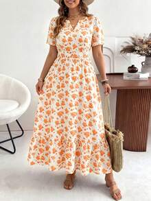 Ceyna Vestido elegante casual holgado de talla grande para mujer con cuello en V pequeño, manga corta y tela texturizada con falda completa, vestido de invitada de boda, vestido bohemio extra largo de primavera, ropa de verano para mujer, vestido de vacaciones/Vestido nuevo de verano 2026 de largo medio/Vestido de verano con estampado floral pequeño - Amarillo - Ver 3