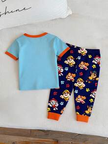 SHEIN | PAW Patrol 小男孩圓領卡通印花短袖上衣與長褲休閒日常居家睡衣套裝 - 彩色 - 查看 2