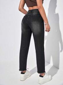 SHEIN EZwear 女款夏季高腰破洞媽媽版牛仔褲 - 黑色 - 查看 2