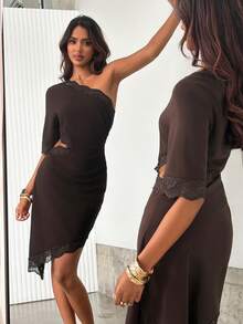Aloruh Women's Elegant Sexy Fitted Waist Lace Patchwork One Shoulder Cold Shoulder Dark Brown Solid Color Mini Dress Night Out Date Night Summer - Coffee - View 4