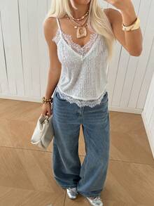 SHEIN EZwear 女款白色亮片細肩帶背心上衣，適合夜晚外出、夏季、優雅性感、婚禮、約會之夜 - 白色 - 查看 7