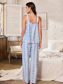 Serenescape Fresh Blue & White Striped And Shell Print Slimming Camisole & Long Pants Pajama Set - Blue and White - View 2