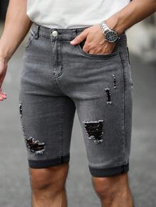 Manfinity Homme Men's Casual Versatile Daily Wear Denim Shorts With Pocket, Button And Distressed Design - Grey - View 8