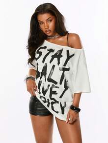 ROMWE Summer Slogan Punk Street Style Hot Girl Splatter Print Design Minimalist Asymmetric Neck Loose T-Shirt - White - View 7