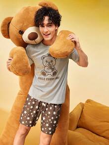 SHEIN Men's Bear & Star Print Crew Neck Loungewear/Casual Set - Light Grey - View 7