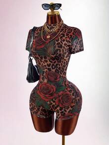 Amplova Leopard Print Bow Tie Strap Fitted Short Sleeve Ruched Floral Semi-Sheer Sexy Women's Mini Bodycon Jumpsuit - Multicolor - View 2