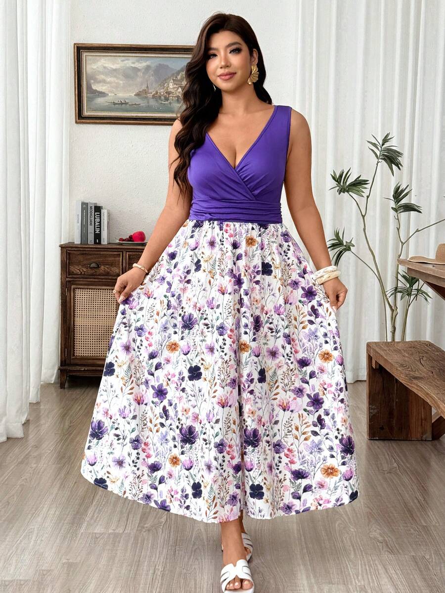 Weeklong Vestido casual de verano con estampado floral y patchwork para mujer de talla grande - Multicolor - Ver 1