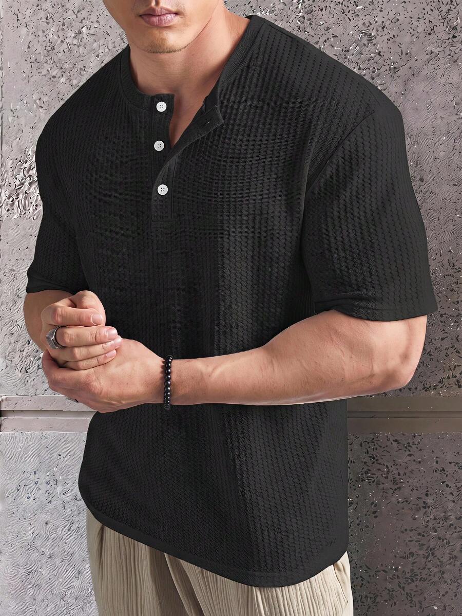 ESTAVOR Casual Men's Solid Color Button Short Sleeve T-Shirt For Daily Wear - Black - View 1
