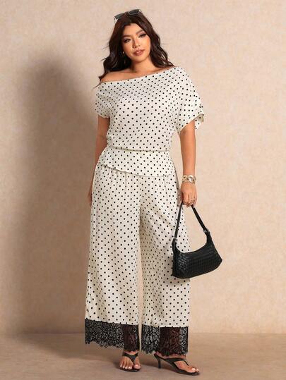 Elaquor Bộ đồ 2 món nữ size lớn họa tiết chấm bi, áo lệch vai và quần ống rộng phong cách thường ngày