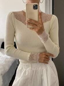 DAZY Women Lace Splice Hollow Out Slim Fit Long Sleeve Sweater, White, Spring/Autumn,Fall Women Clothes - White - View 10