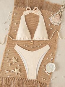 Swim SXY 女款夏季海灘純色掛脖綁帶性感比基尼三角褲兩件式泳衣套裝 - 米色 - 查看 4