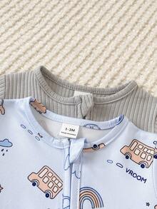 SHEIN Vintaside Kids 2件組新生兒居家服套裝，四季適用，灰色花卉羅紋棉布，可愛淺藍色汽車印花連身包屁衣 - 藍色 - 查看 4