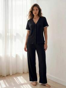 Liftille 2 件套女士休闲撞色装饰上衣和裤子家居服套装 - 彩色 - 查看 1