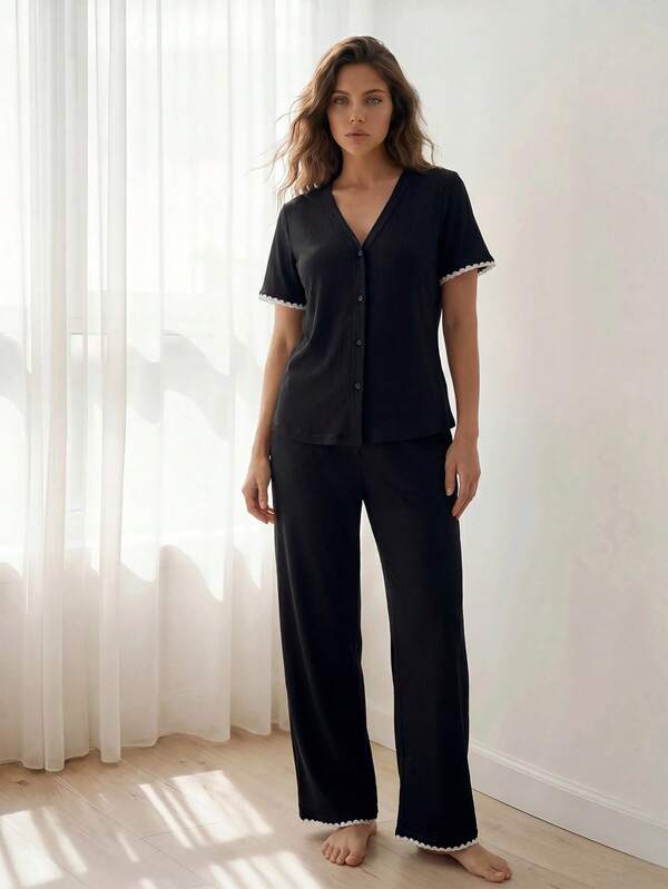 Liftille 2pcs Women Casual Contrast Trim Top & Pants Loungewear Set Outfit