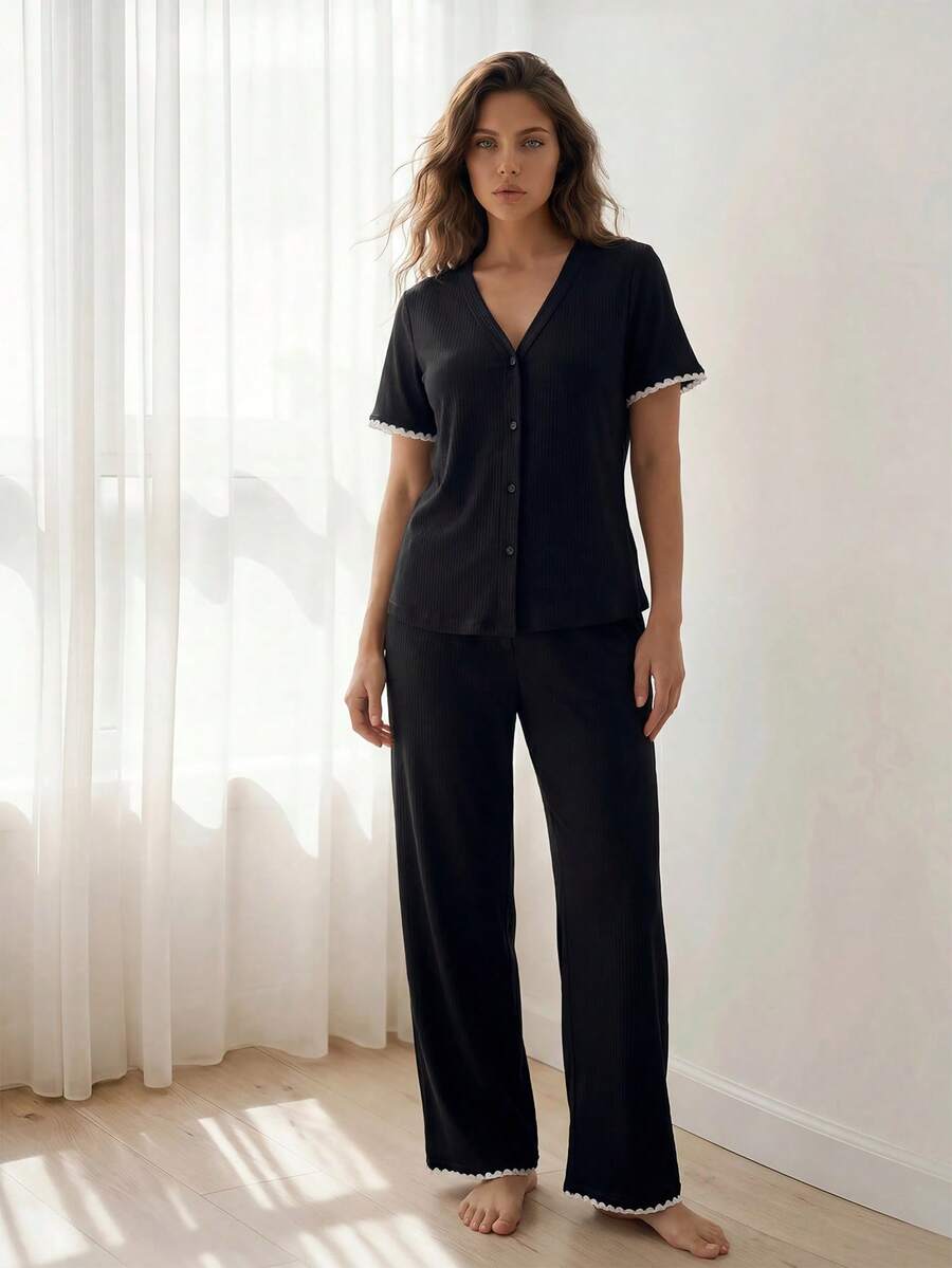 Liftille 2 件套女士休闲撞色装饰上衣和裤子家居服套装 - 彩色 - 查看 1