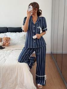 Napfluff 女款條紋印花休閒家居服套裝，對比色翻領短袖上衣搭配長褲，適合居家與戶外穿著 - 彩色 - 查看 3