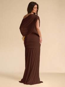SHEIN BAE Autumn Solid Dark Brown Asymmetrical Shoulder Women's Elegant Fitted Bodycon Mesh Extra Long Fishtail Dress, Flowy Dress, Vacation, Beach Formal Party - Coffee Brown - View 1