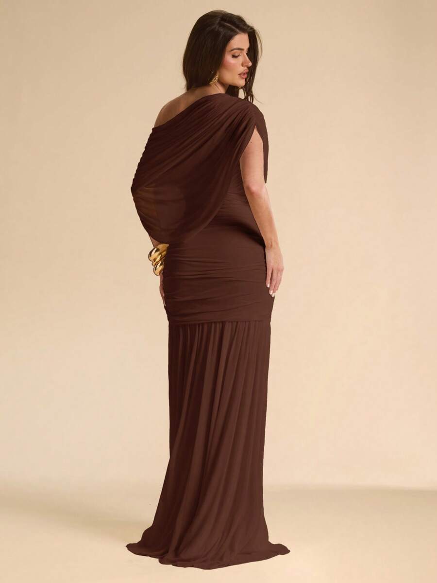 SHEIN BAE Autumn Solid Dark Brown Asymmetrical Shoulder Women's Elegant Fitted Bodycon Mesh Extra Long Fishtail Dress, Flowy Dress, Vacation, Beach Formal Party - Coffee Brown - View 1