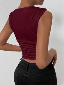 SHEIN Allurite 红棕色无袖褶皱背心、基本款背心、外出背心、俱乐部背心、音乐会背心、可爱背心、旅行背心机场 - 紅木色 - 查看 3