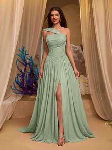 Glamrae Elegant And Luxurious Chiffon Pleated Craftsmanship, Hand-Decorated With Diamonds, Boat Neck With Flowing Sequins And Extra-Large Flared Skirt Trailing, Women's Formal Evening Gown - Mint Green - View 7