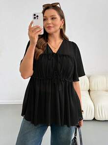 SHEIN Essnce 大尺碼夏季休閒百搭純色前綁帶襯衫 - 黑色 - 查看 5