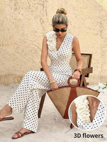 SHEIN Frenchy Women's Polka Dot Pattern Overlap V-Neck Sleeveless Elegant Jumpsuit - Multicolor - View 2