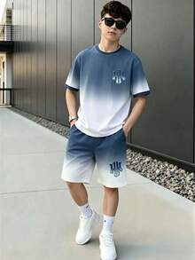 2件組 男童春夏漸層休閒運動短袖圓領T恤 + 口袋短褲套裝 - 彩色 - 查看 1
