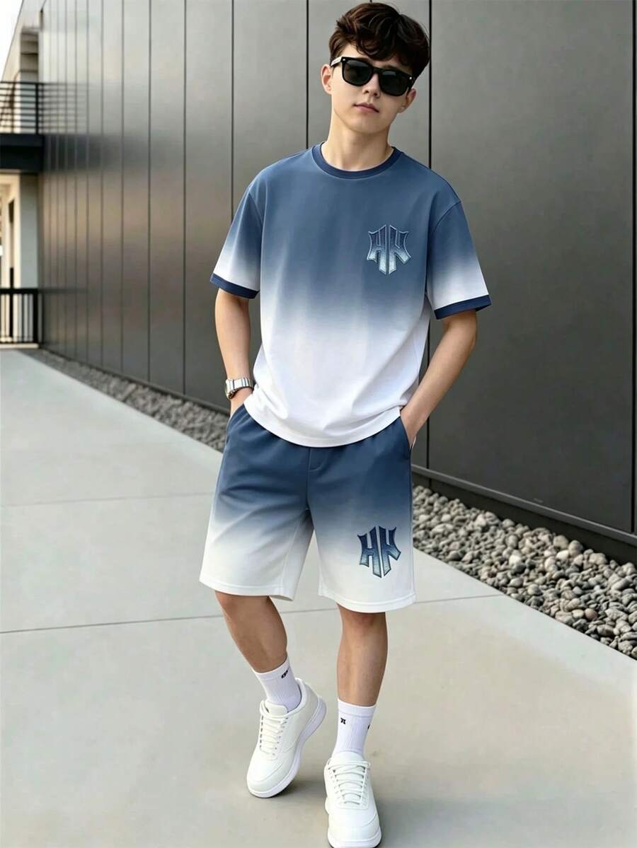 2件組 男童春夏漸層休閒運動短袖圓領T恤 + 口袋短褲套裝 - 彩色 - 查看 1