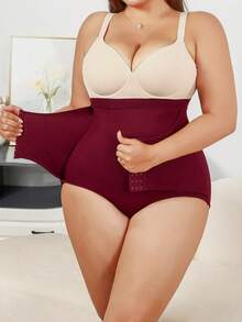 SHEIN Pantalones moldeadores con control de abdomen doble y botones delanteros para mujer talla grande - Burdeos - Ver 1