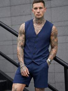 Manfinity CasualCool 男士背心套裝，直條紋紋理，夏季薄款純色休閒背心與短褲套裝 - 藏蓝色 - 查看 8
