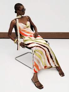 Aveloria Modichic New Vacation Style Off-White Striped Chiffon Fabric Long Spaghetti Strap Sexy Aesthetic Low Rise Dress Cowl Neck Slim Fit Summer Elegant Dinner Party - Multicolor - View 7
