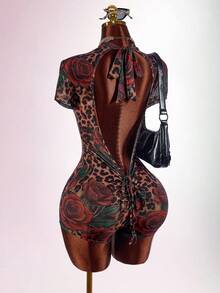Amplova Leopard Print Bow Tie Strap Fitted Short Sleeve Ruched Floral Semi-Sheer Sexy Women's Mini Bodycon Jumpsuit - Multicolor - View 1