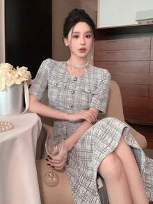 DAZY 格子圆领鱼尾中长连衣裙 舞会礼服 优雅、荷叶边、返校服 - 黑色 - 查看 5
