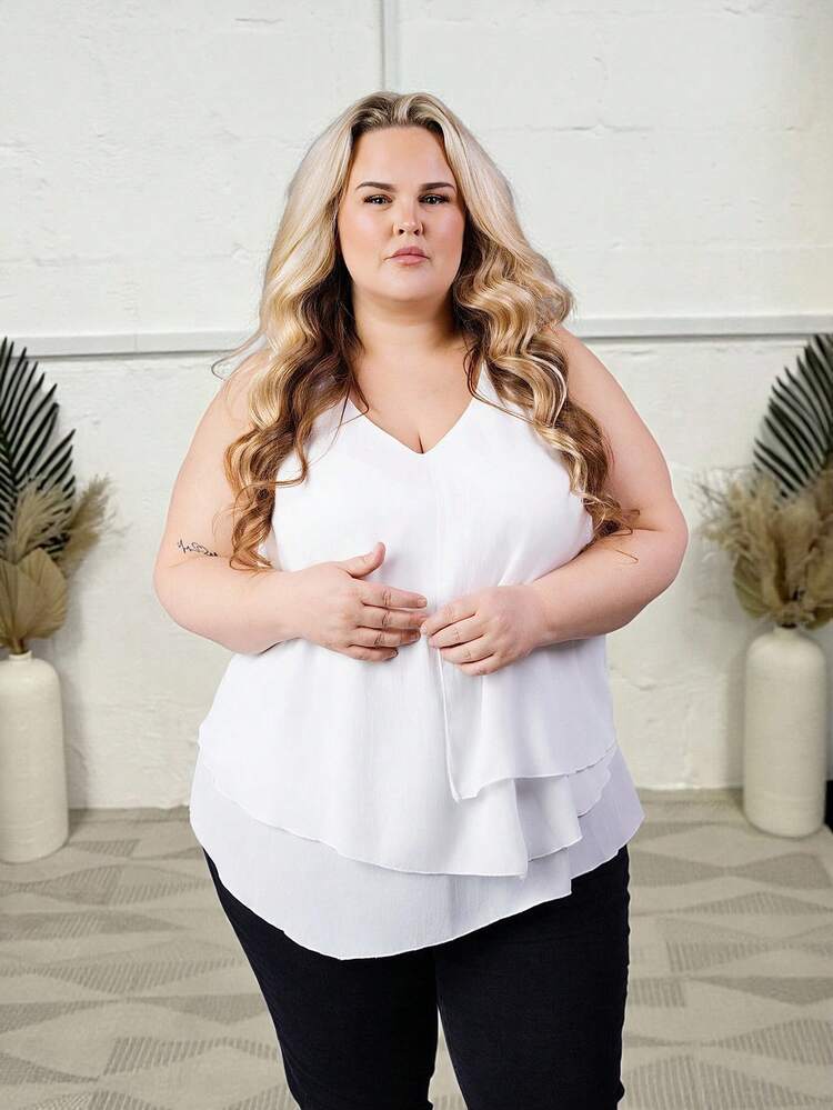 Hourglow Camisa básica de unicolor sin mangas para mujer de talla grande, para Body con forma de reloj de arena, blanco - Blanco - Añade 5