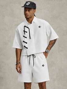 PAVTROS 男士白色新中式盤扣短袖襯衫與抽繩短褲套裝，附 Logo - 白色 - 查看 1