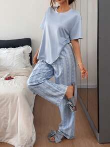 Napfluff Solid Color Short Sleeve Top With Puff Wrinkled Lines And Ditsy Floral Long Pants Pajama Set - Multicolor - View 1