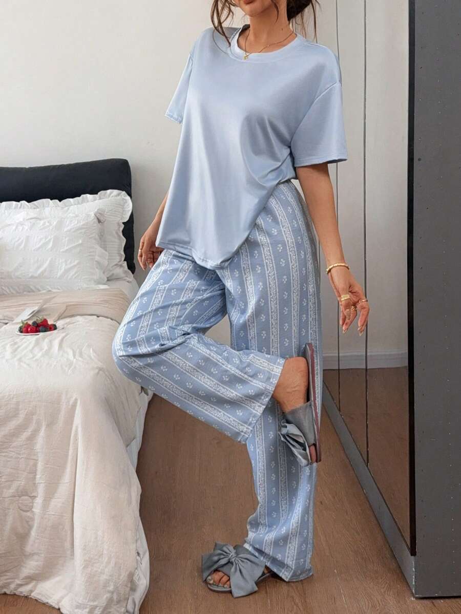 Napfluff Solid Color Short Sleeve Top With Puff Wrinkled Lines And Ditsy Floral Long Pants Pajama Set - Multicolor - View 1