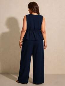 Elaquor Plus Size Women Solid Color V-Neck Pleated Top And Pants Casual Daily 2-Piece Set - Navy Blue - View 2