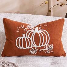 Cirelle 1pc/2pcs Corduroy Pumpkin Embroidered Lumbar Pillow Covers, Farmhouse Style Rectangular Cushion Cases For Fall & Thanksgiving With Pumpkin Vine And Leaf Pattern, Decor For Sofas, Bedrooms, Bay Windows And Homestays, Pillow Insert Not Included - Orange - View 3