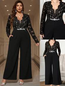 Reflora Mono de talla grande con patchwork de encaje y decoración de strass para otoño - Negro - Ver 2