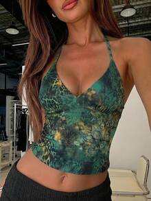 Aloruh 女款優雅度假風豹紋露背 Y2K 性感音樂節背心 - 綠色 - 查看 4