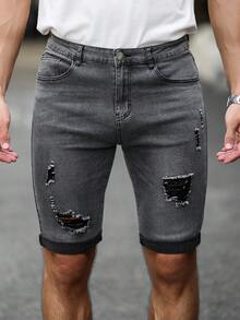 Manfinity Homme Men's Casual Versatile Daily Wear Denim Shorts With Pocket, Button And Distressed Design - Grey - View 4
