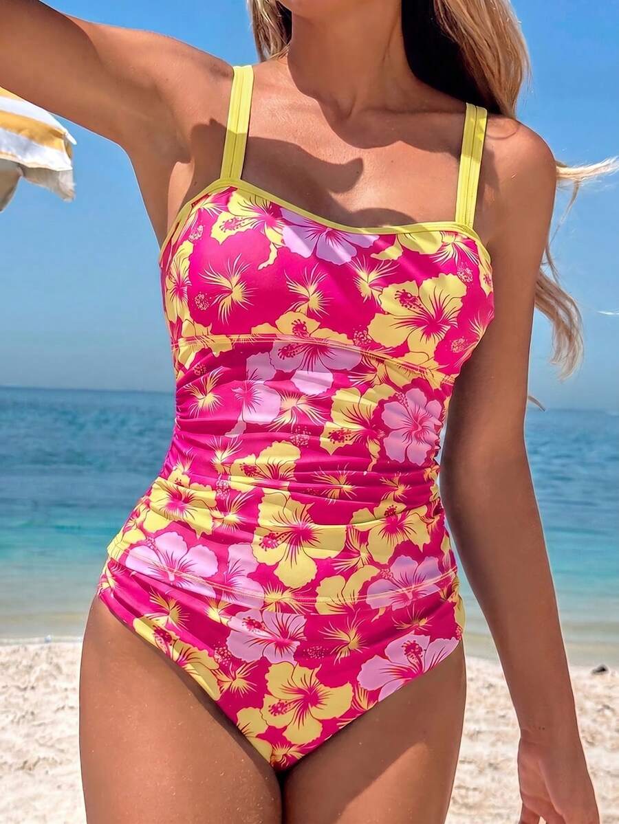 Swim Lushoire 2件組 成熟花卉印花平胸長版泳衣上衣與高腰定位花卉三角比基尼泳褲套裝 - 彩色 - 查看 1
