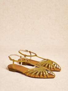 Rosivie 女款亮片編織羅馬涼鞋 金色尖頭平底 T型帶扣度假休閒鞋 - 金色閃粉 - 查看 6