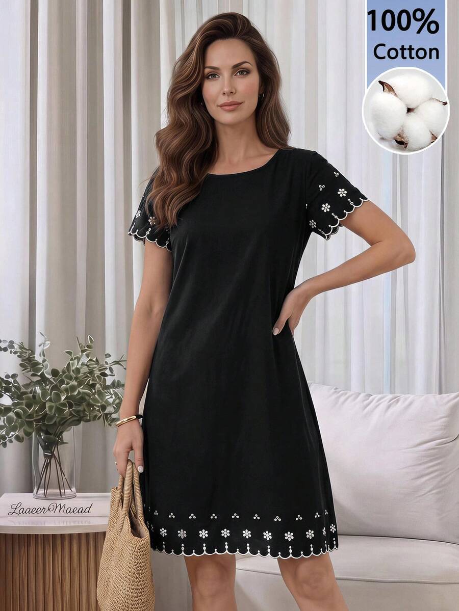 Medorina 女款夏季休閒花卉刺繡短洋裝 - 黑色 - 查看 1