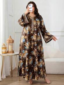Al Najma 大尺碼女款V領花卉印花休閒派對阿拉伯風洋裝 - 咖啡棕 - 查看 3
