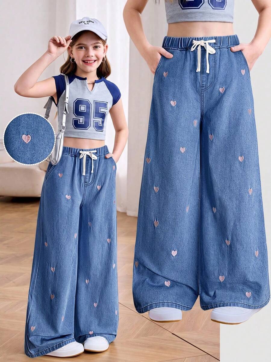 青少年女孩愛心刺繡寬腿牛仔褲 - 深色水洗藍 - 查看 1