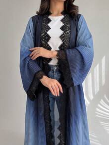 Yasveil 女款梭織數位定位印花長袖黑色蕾絲飾邊保守優雅阿巴亞長袍 - 彩色 - 查看 7