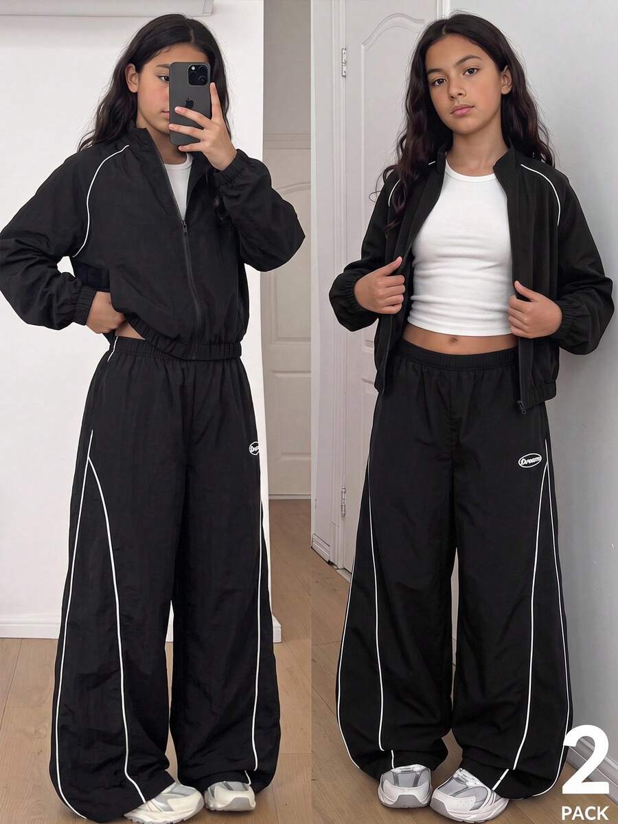 SHEIN 青少年女孩秋季套裝 2件/套 時尚休閒運動風 黑色立領夾克與長褲套裝，時尚俐落 - 黑色 - 查看 1